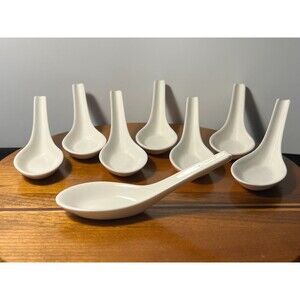 Asian Soup Spoons, Ceramic White Japanese Ramen Soup Spoons (Lot of 8)
